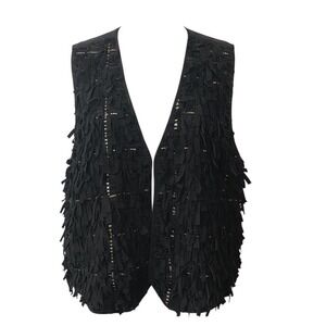 Vintage AJ Black Genuine Leather‎ Suede Fringe Ribbon Embellished Vest Women 1X